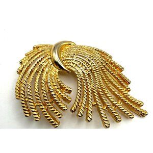 Vintage Gold Tone Feather Brooch Statement Pin Abstract Wing Sheaf Textured